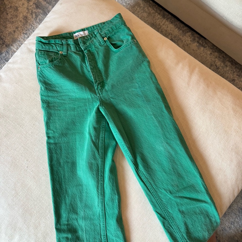 Zara Green High Waisted Straight Leg Jeans